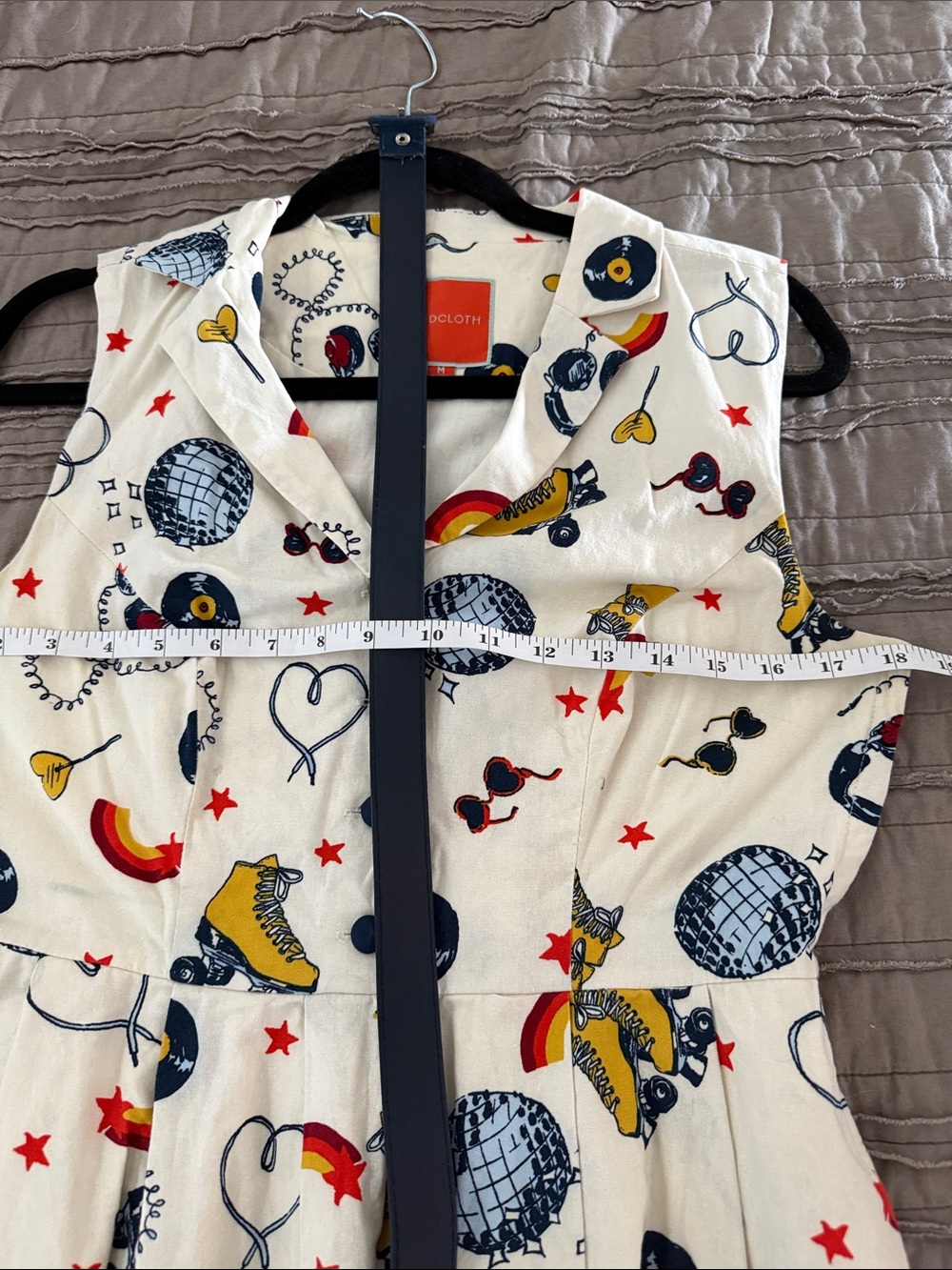 ModCloth White Sleeveless Fit-and-Flare Dress with Navy, Yellow and Red Motif - Picture 6 of 8